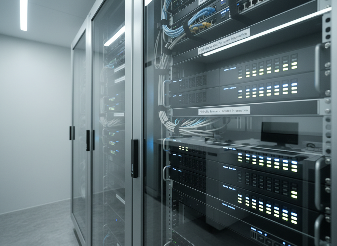 A close-up of a secure, glass-fronted server rack inside a small, pristine data room, representing protected and excluded information at PID Polda Sumbar. The black servers have orderly rows of softly glowing blue and white indicator lights, neatly bundled network cables in neutral tones, and clearly labeled panels. The server rack is set against a smooth, light gray wall, with a subtle reflection on the glass door hinting at the surrounding clean environment. Cool, controlled overhead LED lighting creates a focused, professional atmosphere, with delicate highlights along the metal edges and minimal shadowing. The composition uses a slightly angled, tight crop to emphasize structure, security, and reliability, rendered in realistic, modern, photographic detail with a corporate, high-tech aesthetic.