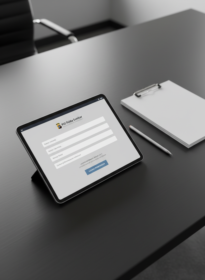 A minimalist digital tablet lying on a dark, brushed-metal desk surface, its screen showing a clean interface of a public information request form for PID Polda Sumbar. The form fields are neatly aligned, using neutral grays with a single muted blue accent for action buttons, and clear labels indicating steps to request information at any time. Beside the tablet rests a slim, metallic stylus and a stack of blank, white forms clipped with a stainless steel binder. Soft, directional side lighting from the left creates a subtle gradient across the desk, with gentle shadows under the tablet and stylus. Shot from a slightly elevated angle with shallow depth of field, the mood is efficient and focused, with a polished, photographic, corporate style highlighting accessibility and structure.