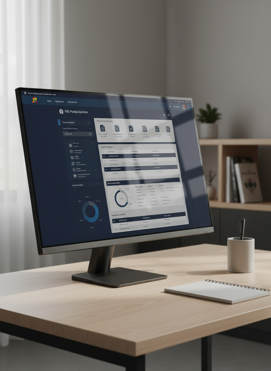 A sleek, wide-format desktop monitor displays a structured dashboard of public information data for PID Polda Sumbar, with neatly aligned charts, tables, and document icons in deep navy, soft gray, and muted blue accents. The monitor stands on a clean, light wood desk with a matte finish, beside a closed, unbranded notebook and a minimalistic pen holder. Soft, diffused daylight from an unseen window illuminates the scene, creating gentle reflections on the screen and subtle shadows under the monitor stand. Shot at eye level with a slight three-quarter angle, the composition follows clean corporate aesthetics, emphasizing clarity, transparency, and order. The background is softly blurred, featuring neutral-toned walls and a hint of shelving, achieving a realistic, modern, photographic look.