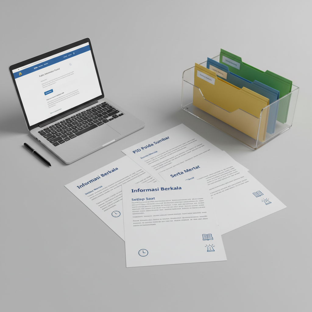 An overhead view of a neatly arranged workspace featuring printed public information documents from PID Polda Sumbar laid out on a smooth, light gray desk surface. Each document has clear headings like “Informasi Berkala,” “Serta Merta,” and “Setiap Saat” in bold navy text, with neatly structured paragraphs and icons indicating categories. A slim, silver laptop sits open to a minimalist website interface, while a transparent acrylic file tray holds organized folders labeled by type of information. Soft, even studio lighting eliminates harsh shadows, emphasizing clean lines and legible typography. The mood is professional, orderly, and trustworthy, with a balanced composition that uses the rule of thirds and photographic realism to suggest systematic, accessible public information management.